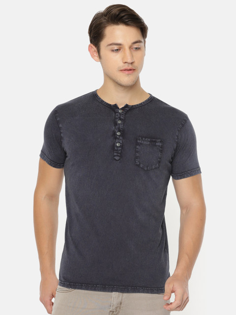 

Pepe Jeans Men Blue Slim Fit Solid Henley Neck Pure Cotton T-shirt