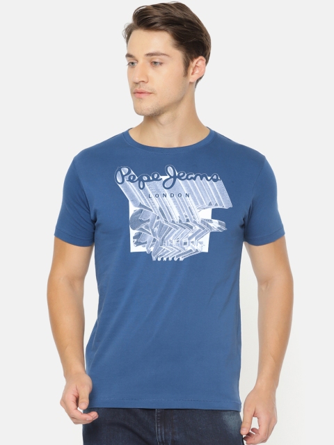 

Pepe Jeans Men Blue Printed Round Neck Pure Cotton T-shirt