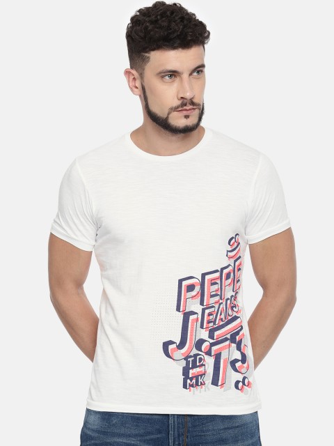 

Pepe Jeans Men White Printed Slim Fit Round Neck Pure Cotton T-shirt