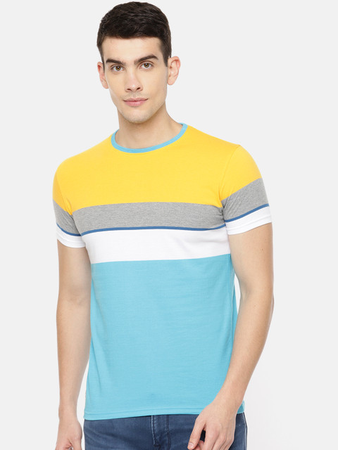 

Pepe Jeans Men Blue Yellow Colourblocked Slim Fit Round Neck Pure Cotton T-shirt