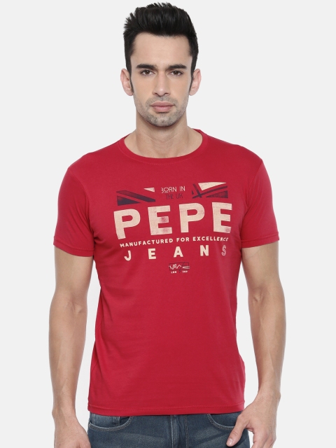 

Pepe Jeans Men Red Printed Round Neck Pure Cotton T-shirt