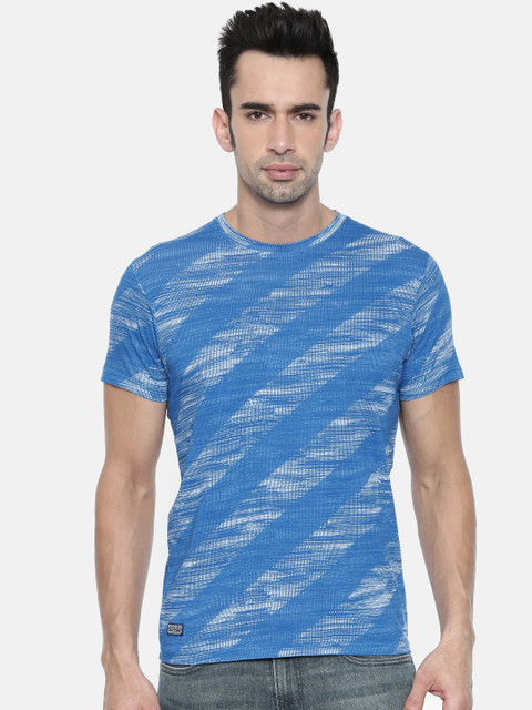 

Pepe Jeans Men Blue White Slim Fit Striped Round Neck Pure Cotton T-shirt