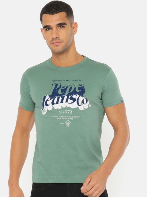

Pepe Jeans Men Green Printed Round Neck Slim Fit Pure Cotton T-shirt
