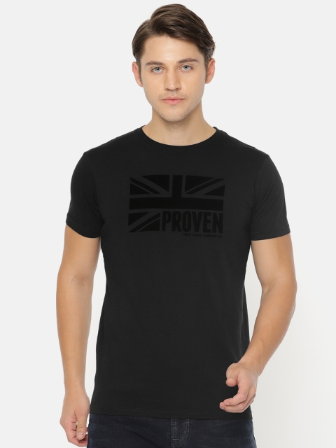 

Pepe Jeans Men Black Self Design Round Neck Slim Fit Pure Cotton T-shirt