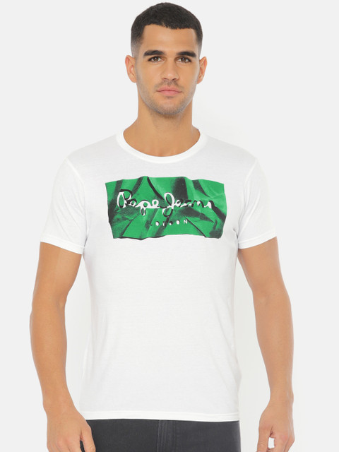 

Pepe Jeans Men White Green Printed Round Neck Pure Cotton T-shirt