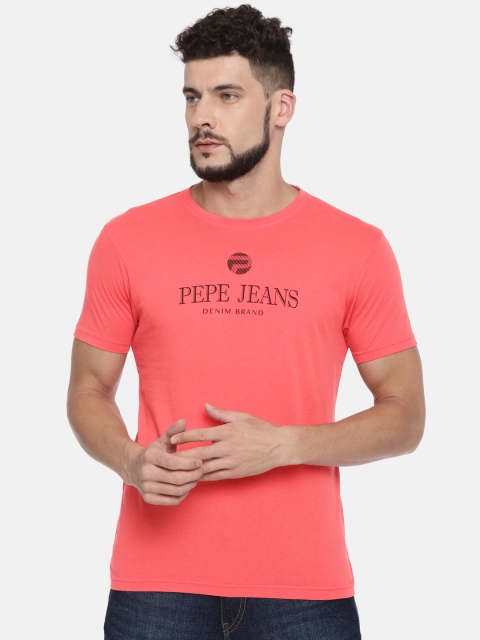 

Pepe Jeans Men Coral Pink Slim Fit Printed Round Neck Pure Cotton T-shirt