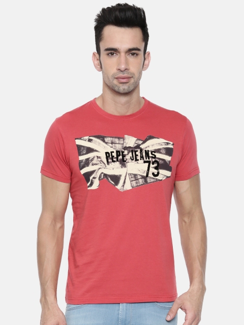 

Pepe Jeans Men Red Printed Round Neck Pure Cotton T-shirt