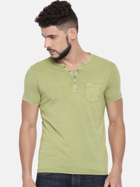 

Pepe Jeans Men Olive Green Solid Henley Neck T-shirt