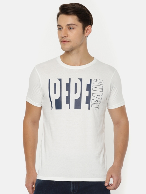 

Pepe Jeans Men Off-White Printed Round Neck Slim Fit Pure Cotton T-shirt