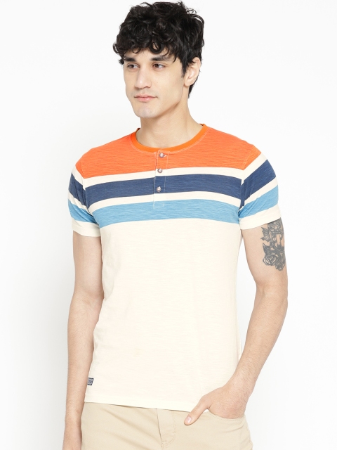 

Pepe Jeans Men Off-White & Blue Striped Henley Neck T-shirt