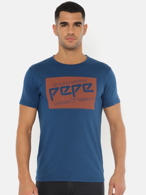 

Pepe Jeans Men Blue Printed Slim Fit Round Neck Pure Cotton T-shirt