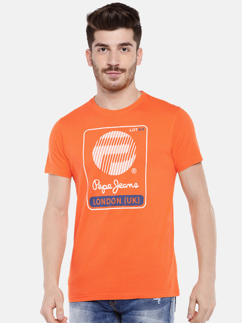 

Pepe Jeans Men Orange Printed Round Neck T-shirt