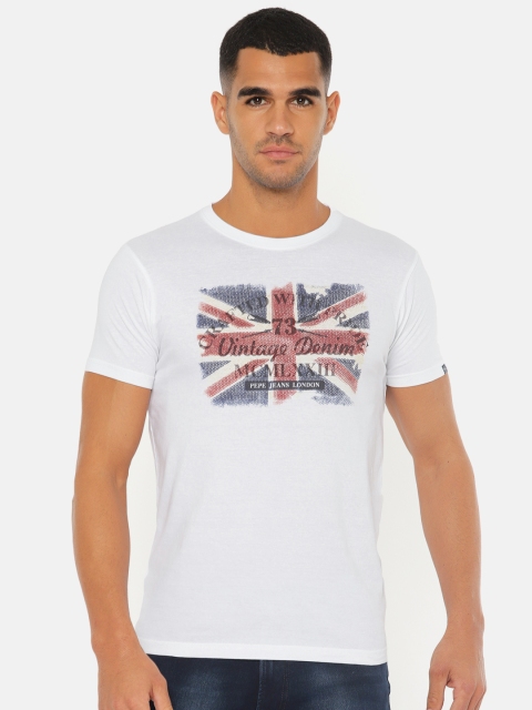 

Pepe Jeans Men White Printed Round Neck Slim Fit Pure Cotton T-shirt
