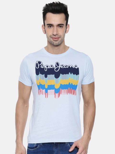 

Pepe Jeans Men Blue Printed Round Slim Fit Neck Pure Cotton T-shirt