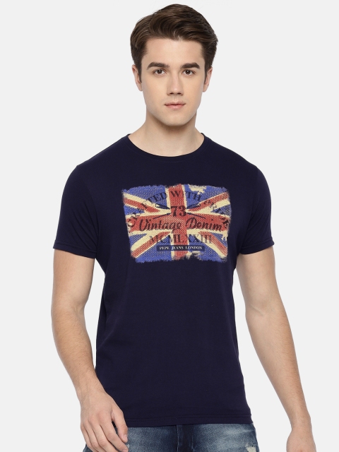

Pepe Jeans Men Navy Blue Printed Slim Fit Round Neck Pure Cotton T-shirt