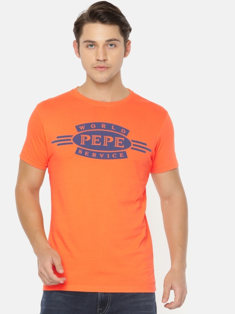 

Pepe Jeans Men Orange Printed Slim Fit Round Neck Pure Cotton T-shirt