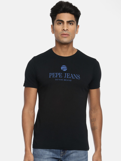 

Pepe Jeans Men Black Slim Fit Printed Round Neck Pure Cotton T-shirt