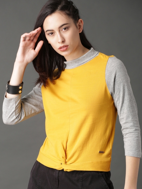 

Roadster Women Mustard Yellow Colourblock Twist Detail Pure Cotton Top
