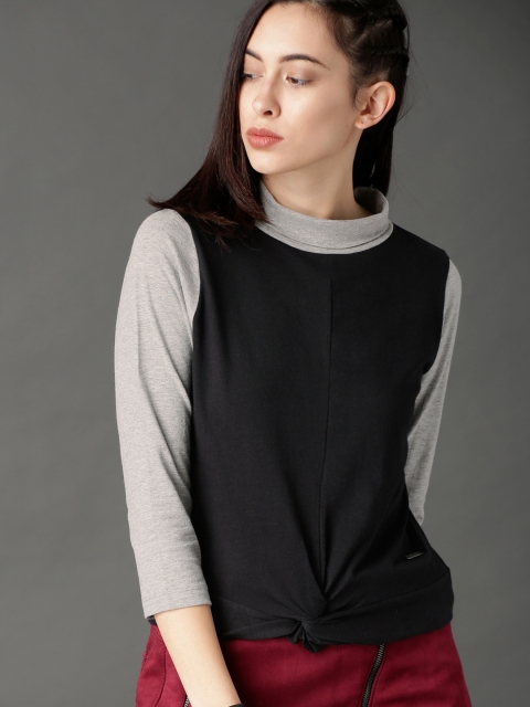 

Roadster Women Black Colorblocked Pure Cotton Top with Knot Detail