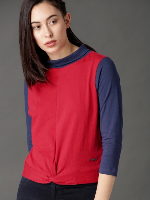 

Roadster Women Red & Navy Blue Colorblocked Pure Cotton Top with Knot Detail