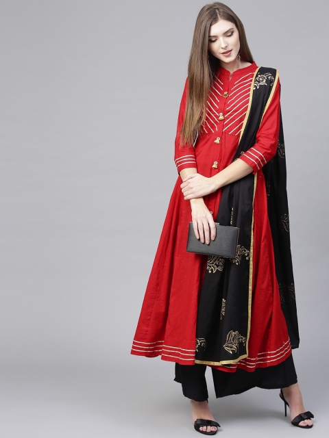 

PINKSKY Women Red & Black Self Design Kurta with Palazzos & Dupatta