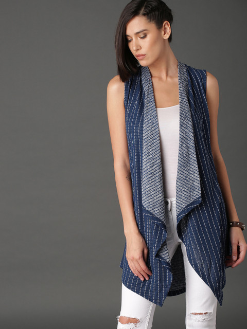 

Roadster Navy Blue Solid Open Front Jacquard Knit Waterfall Shrug