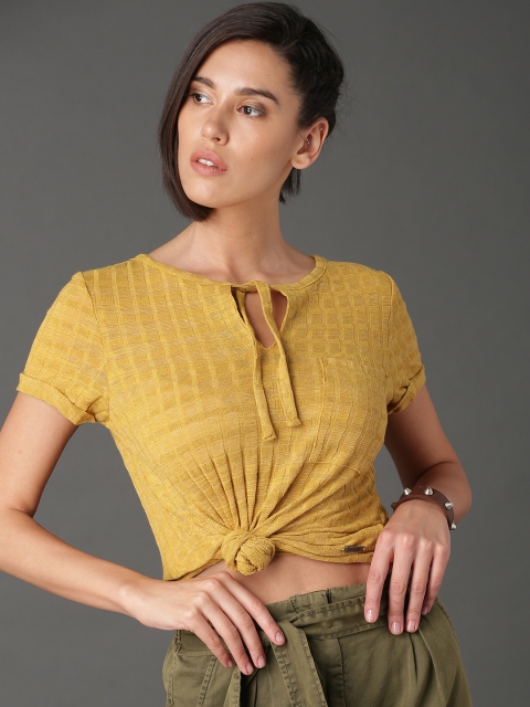 

Roadster Women Mustard Yellow Self Design Top