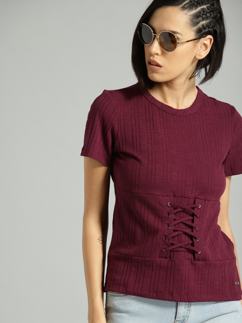 

Roadster Women Maroon Self Design Top