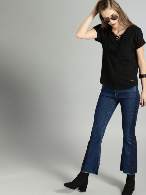 

Roadster Women Black Solid Pure Cotton Top