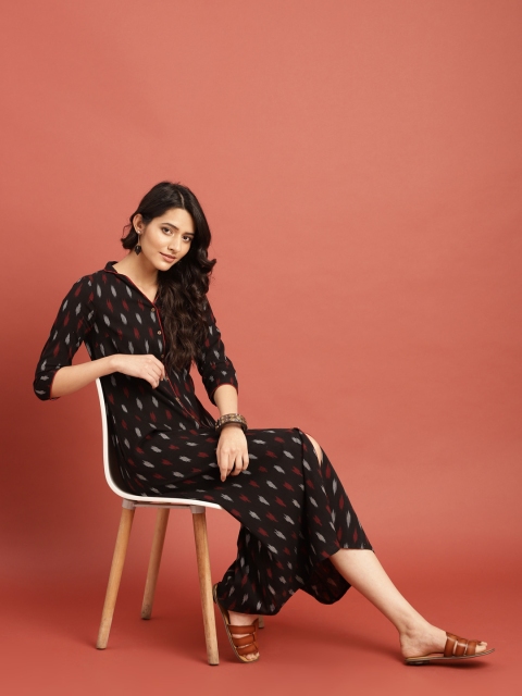 

Taavi Women Black & Maroon Ikat A-Line Maxi Sustainable Dress with Button Closures