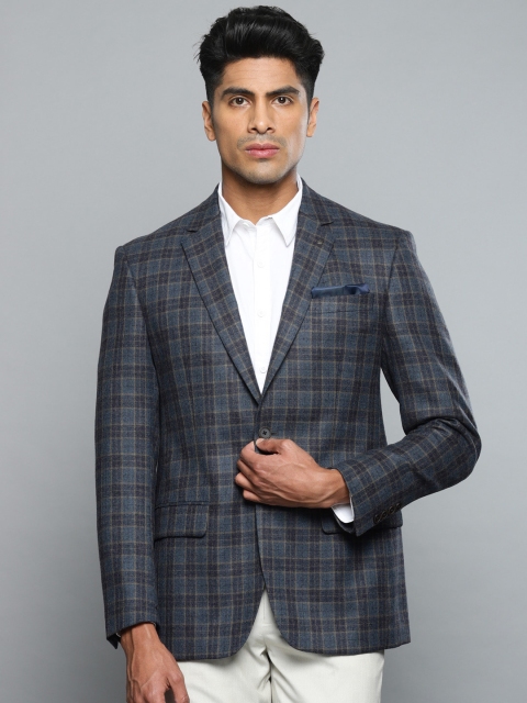 

Louis Philippe Men Grey & Navy Checked Slim Fit Woollen Single-Breasted Blazer