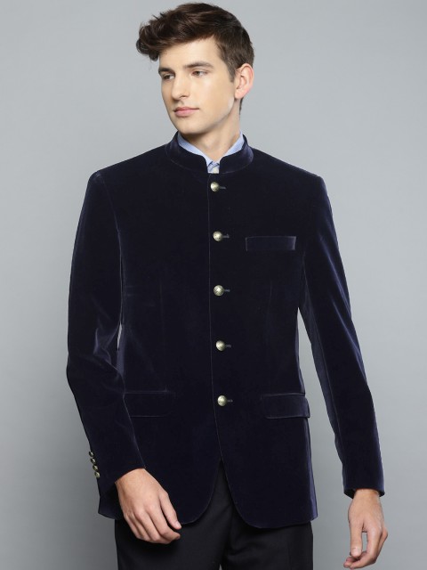 

Louis Philippe Men Navy Blue Solid Regular Fit Velvet Ethnic Bandhgala Blazer
