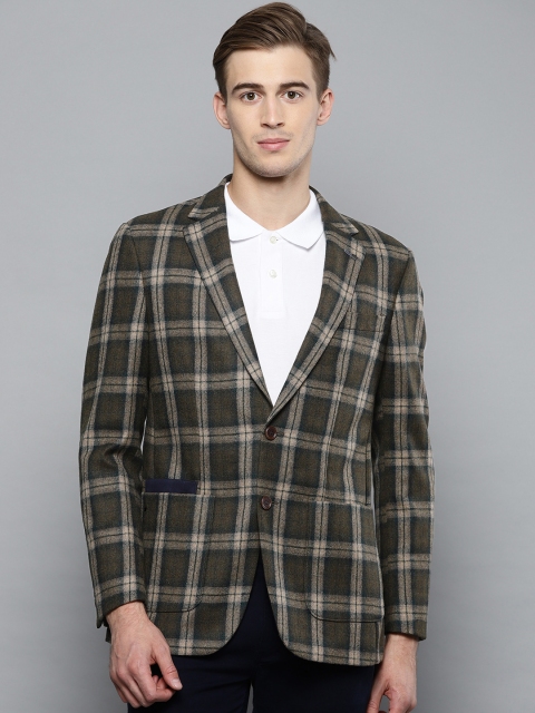 

Louis Philippe Men Olive Green Checked Tailored Tweeds Single Breasted Wool Blazer
