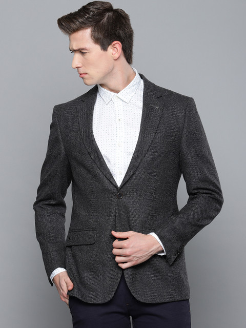 

Louis Philippe Men Grey Self-Design Slim Fit Single-Breasted Woolen Formal Blazer