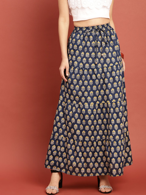 

Taavi Women Blue Block Print Legacy A-Line Maxi Flared Skirt