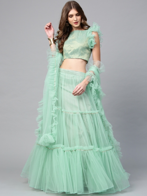 

Inddus Sea Green & Golden Woven Design Semi-Stitched Lehenga Choli with Dupatta