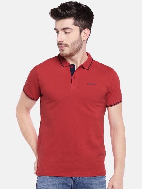 

Pepe Jeans Men Red Solid Polo Collar Pure Cotton T-shirt