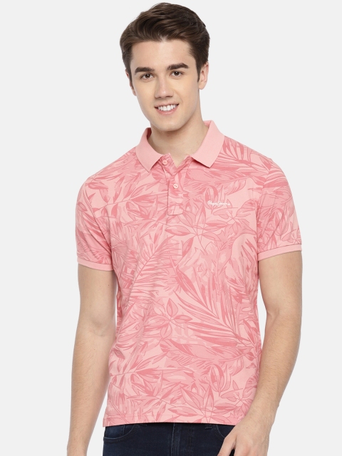 

Pepe Jeans Men Pink Printed Polo Collar Pure Cotton T-shirt