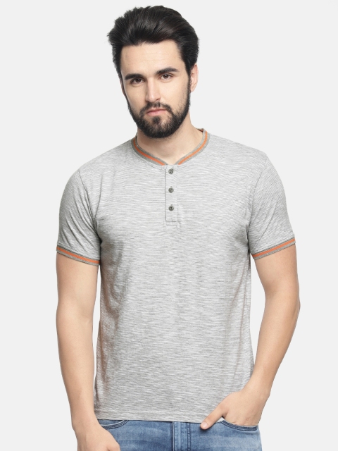 

Pepe Jeans Men Grey Melange Solid Mandarin Collar Pure Cotton T-shirt