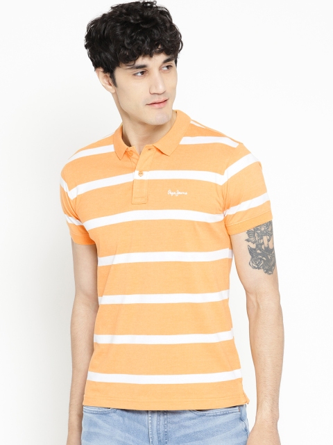 

Pepe Jeans Men Orange & White Striped Polo Collar T-shirt