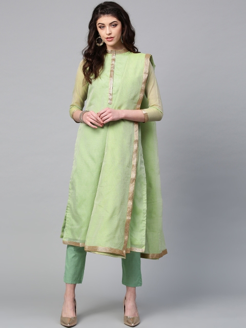 

Inddus Women Green & Self Checked Kurta with Trousers & Dupatta