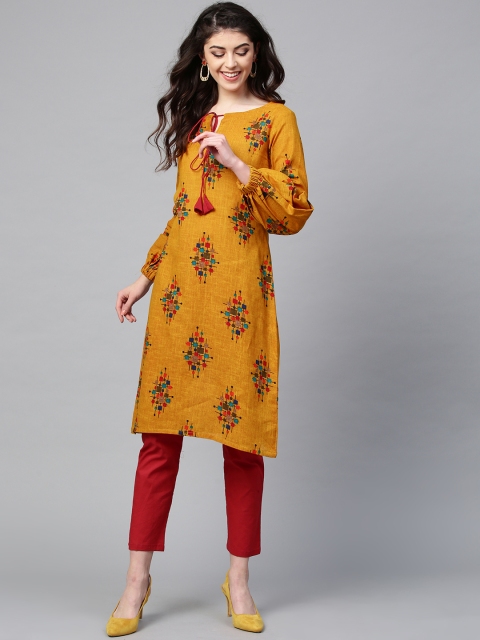 

Inddus Women Mustard Yellow & Maroon Printed Kurta with Trousers
