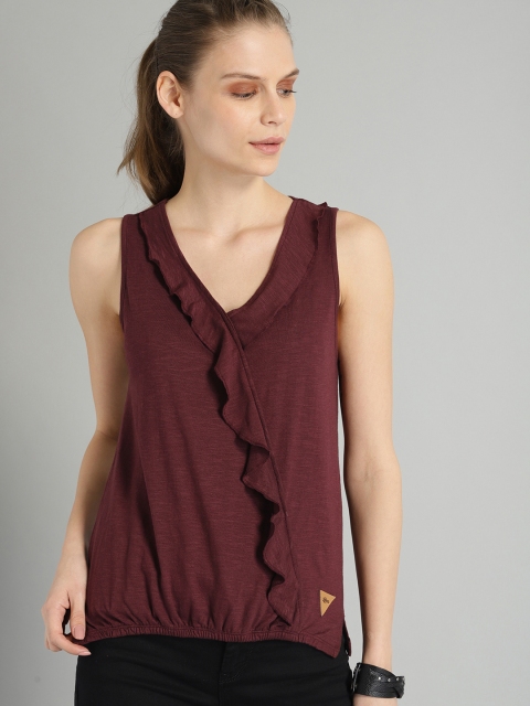 

Roadster Women Burgundy Solid Knitted Regular Top