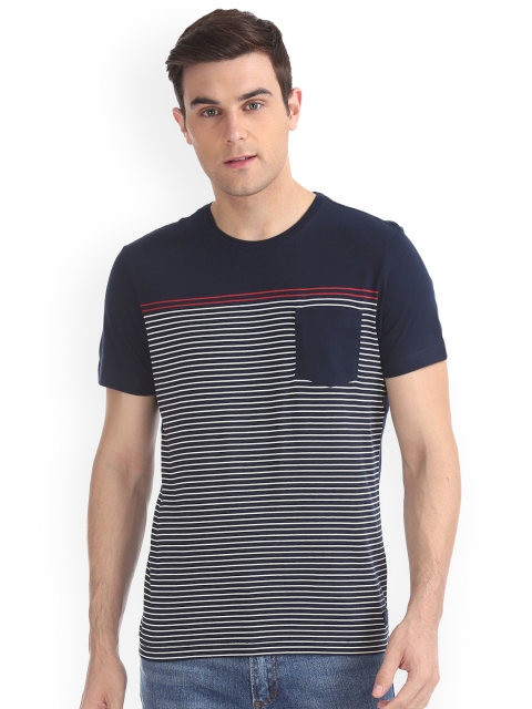 

Arrow Sport Men Navy Blue Striped Round Neck Pure Cotton T-shirt