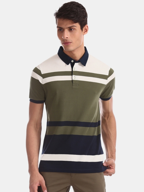 

Arrow Sport Men Olive Green & White Striped Polo Collar T-shirt