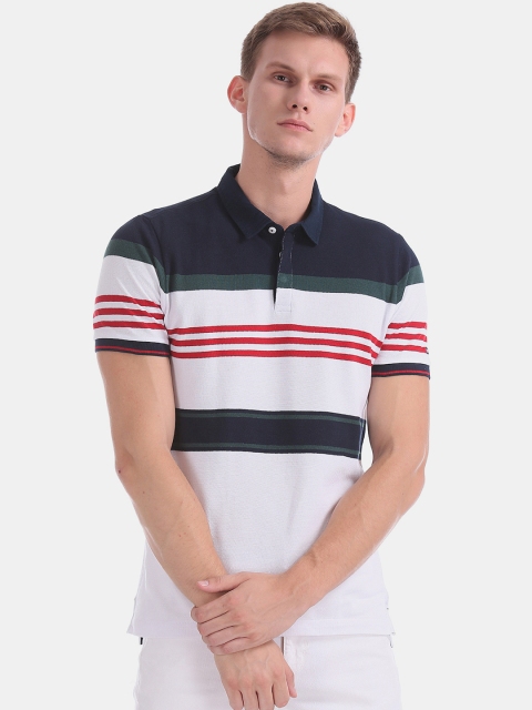 

Arrow Sport Men White & Navy Blue Striped Detail Polo Collar T-shirt