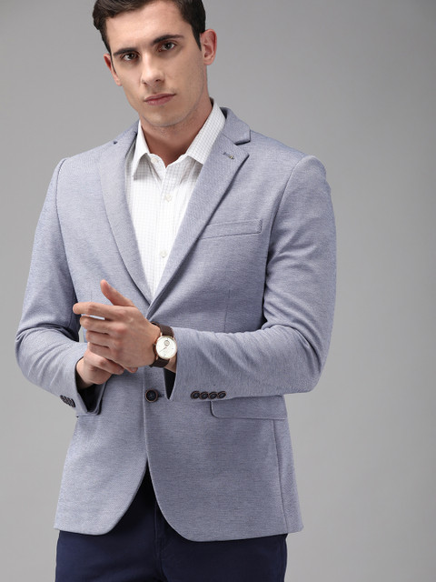 

Arrow Men Navy Blue & White Self-Design Single-Breasted Zero Calorie Fit Casual Blazer