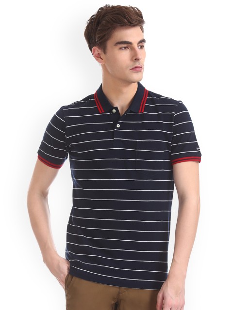 

Arrow Sport Men Navy Blue Striped Polo Collar Pure Cotton T-shirt