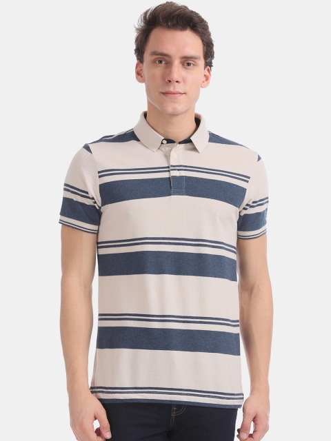 

Arrow Sport Men Beige Navy Blue Striped Polo Collar Pure Cotton T-shirt