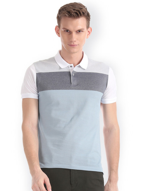 

Arrow New York Men White, Charcoal Grey & Blue Colourblocked Polo Collar T-shirt